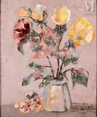 Vlad TIBERIU (né en 1958)-Bouquet de fleurs rouge et jaune dans un vase, sur fond rose-img1